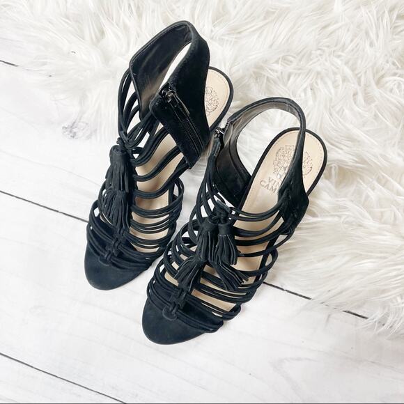 Vince Camuto Edola Heeled Gladiator Peep Toe Sandals in Black Suede Size 8.5 - Picture 2 of 6